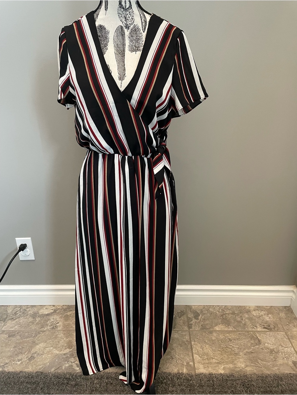 Striped Black Wrap Maxi Dress with Red & White Accents
